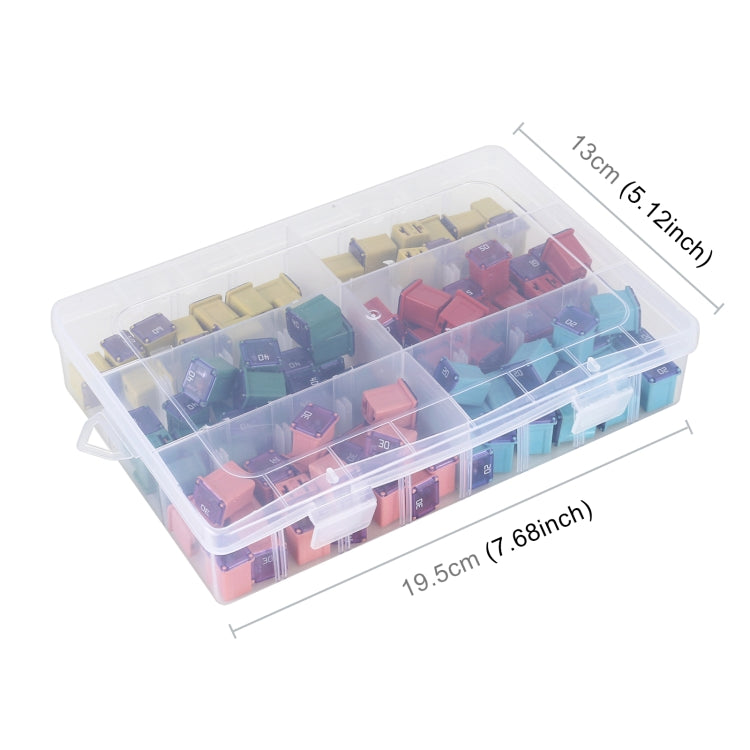 Transparent box organizer holding assorted colored blade fuses in compartments