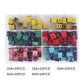 Top view of assorted colored car blade fuses in divided organizer tray