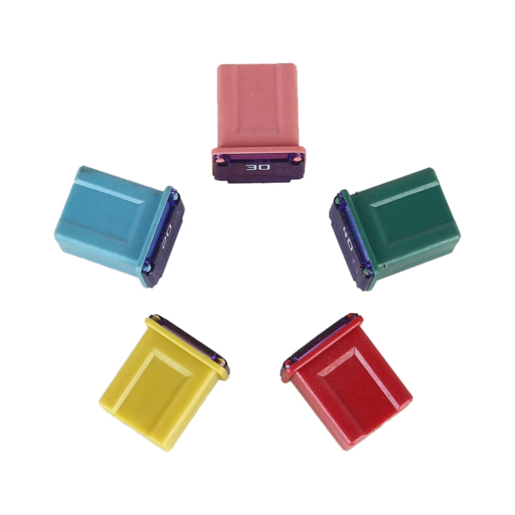 Assorted colored blade fuses set of five with visible metal terminals