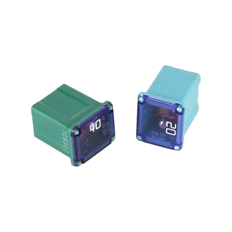 Close-up of two car blade fuses: green/teal and light blue with markings