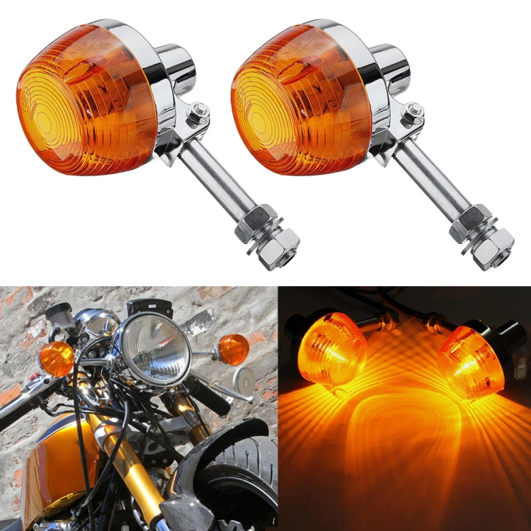 Amber LED motorcycle turn signals with chrome housings and mounting stems, pair view