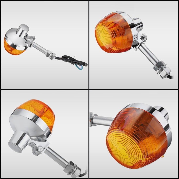Amber LED motorcycle turn signal lamps with chrome housings and mounting bar, set