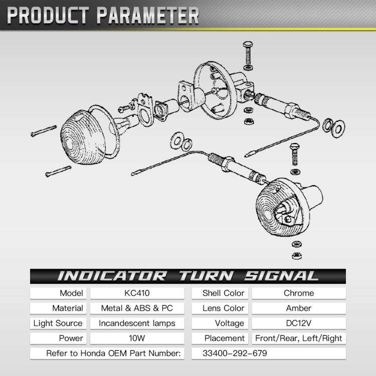 Amber turn signal assembly diagram with chrome housing, mounting hardware and lenses