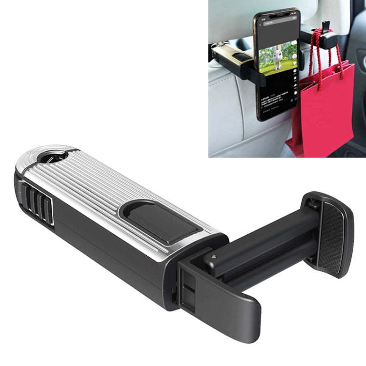 Silver car phone holder bracket with telescopic hook and adjustable clamp arms
