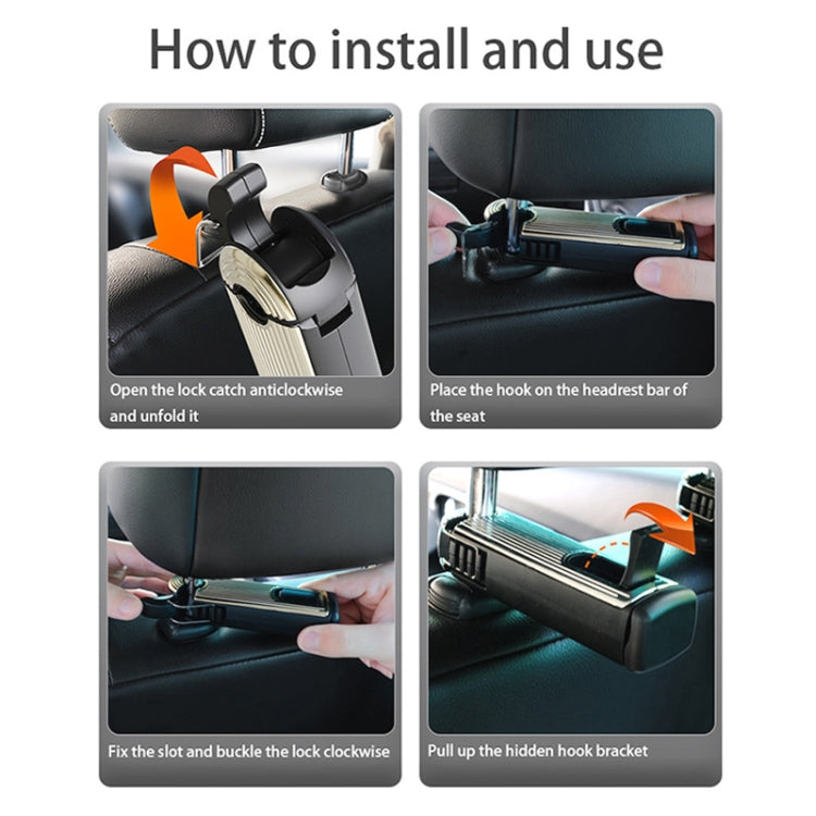 Car phone bracket installation steps showing hook lock on seat headrest