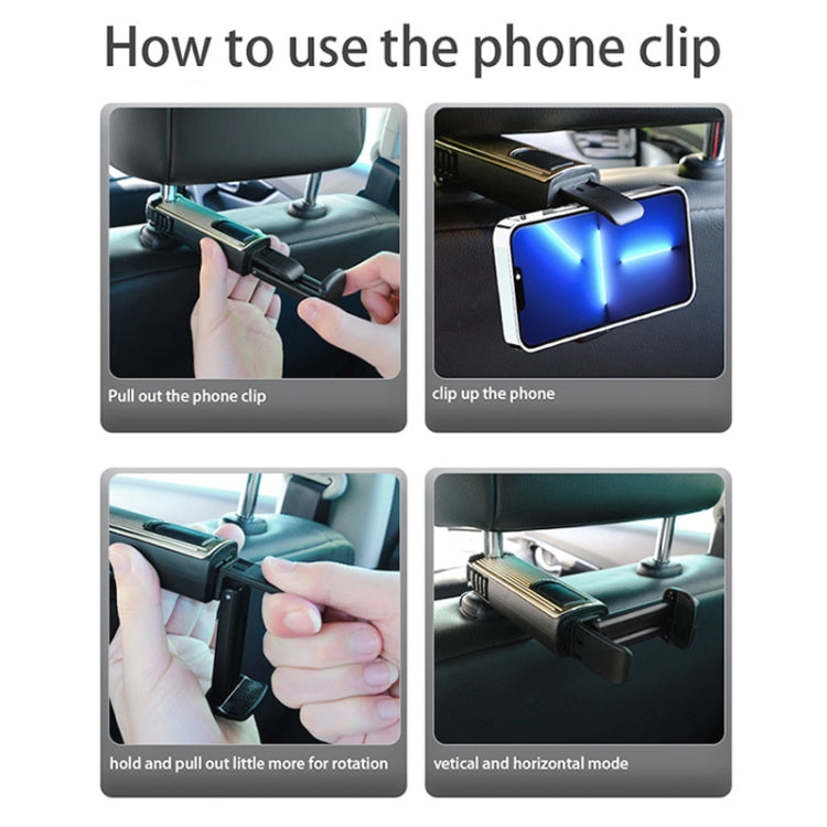 Car phone clip usage showing phone mounted and vertical or horizontal rotation