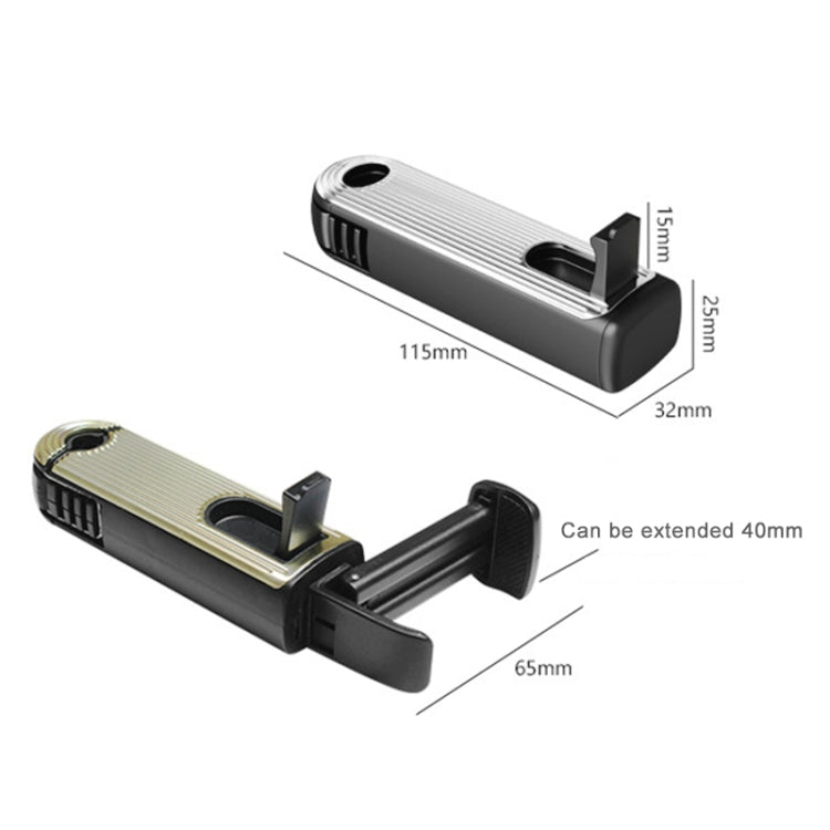 Car phone holder bracket with telescopic arm and rear hook; compact size profile