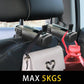 Car headrest phone bracket with black telescopic arms and hook mount