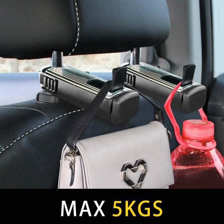 Car headrest phone bracket with black telescopic arms and hook mount