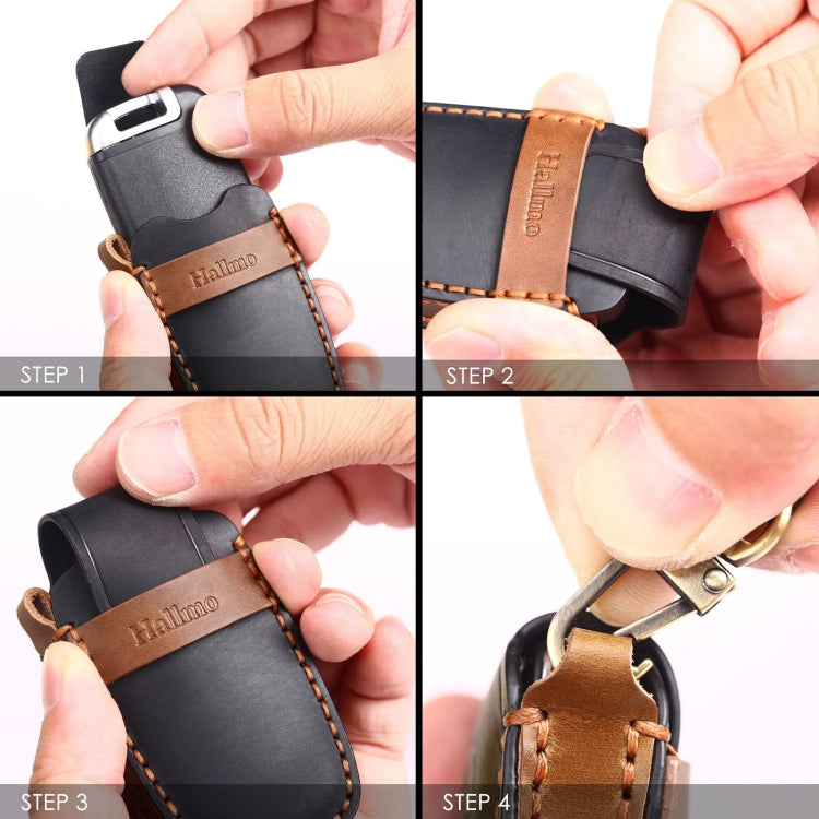 Black cowhide leather key protective cover with brown stitching and metal key ring