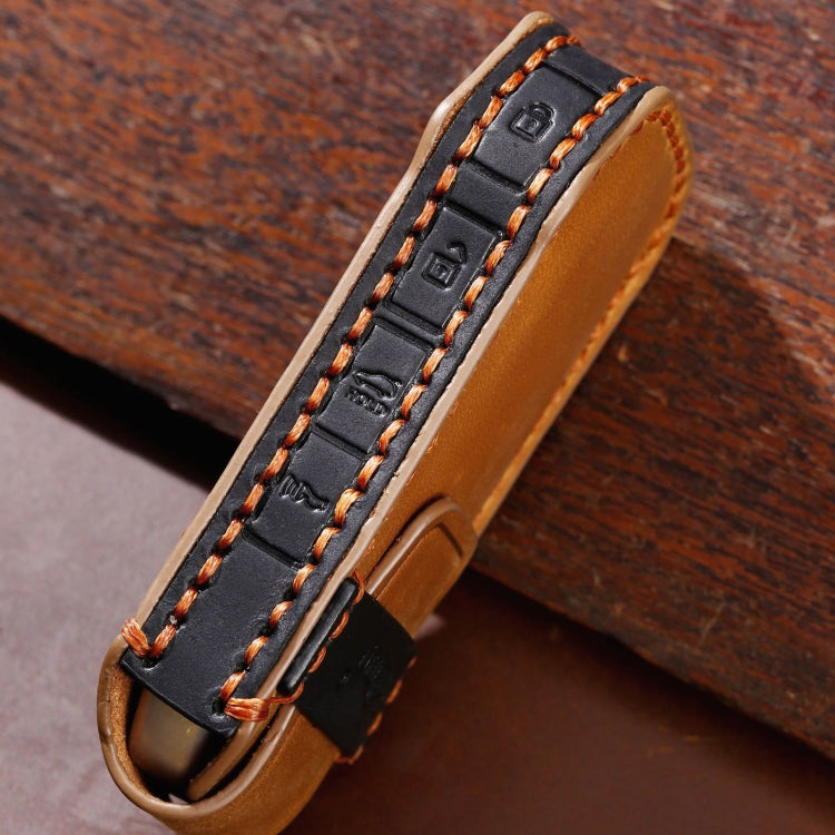 Black leather key fob cover side with key strap, orange topstitching, and button icons