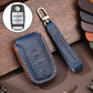 Blue 4-button car key protective cowhide leather cover with key ring strap