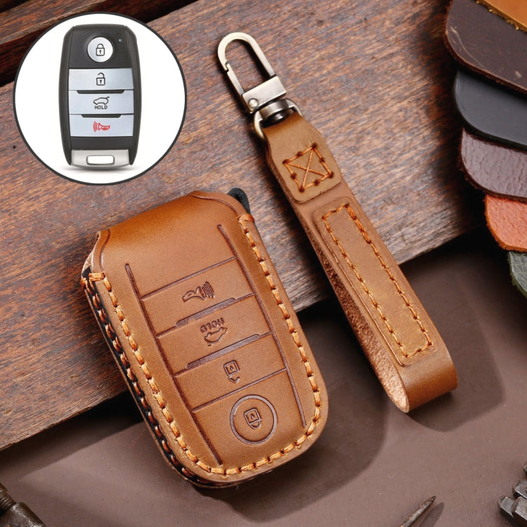 Brown 4-button car key protective cowhide leather cover with key ring strap