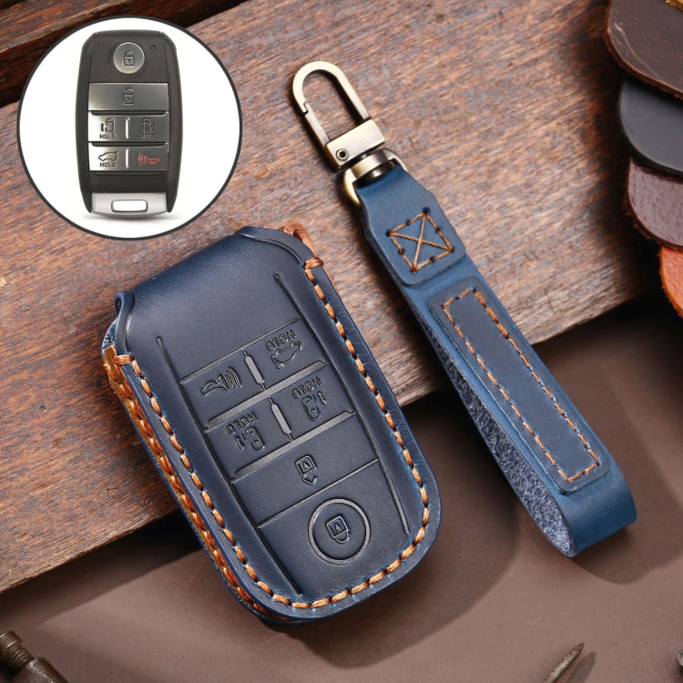 Blue leather car key protective cover case with orange stitching and metal key ring