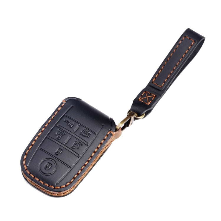 Dark leather car key protective cover case with orange stitching and key ring
