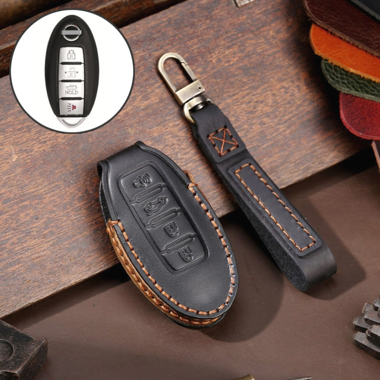 Cowhide leather key fob cover with key ring, black, embossed 4-button design