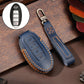 Cowhide leather key fob cover with key ring, dark blue, embossed 4-button remote
