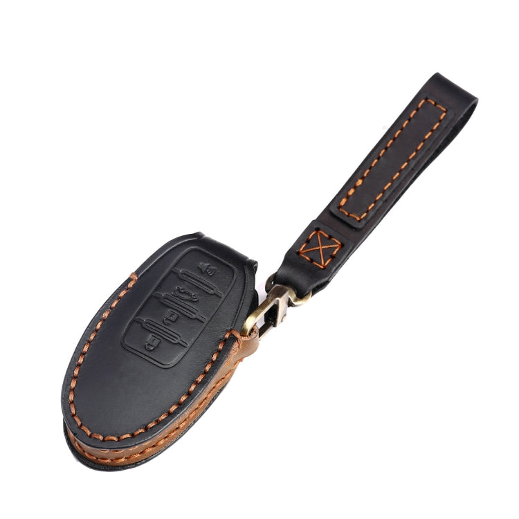 Cowhide leather key fob cover with key ring, black, embossed buttons detail