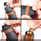 Cowhide leather key fob cover assembly steps, hands attaching key ring and buckle