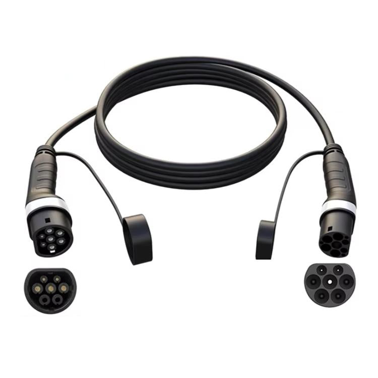 Black EV charging extension cable with Type 2 connectors on both ends.