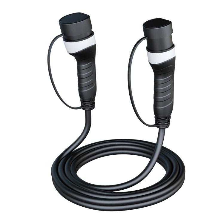 Dual Type 2 EV charging cable with two charging plugs and coiled black cord.
