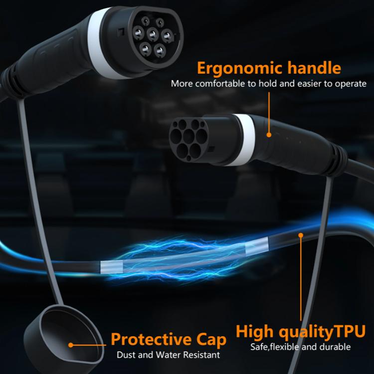 Ergonomic Type 2 EV charging plugs with protective caps and coiled black cable.