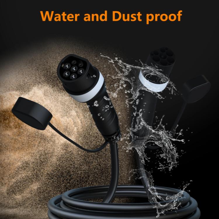 Water-resistant Type 2 EV charging cable with sealed plugs and coiled black cord.
