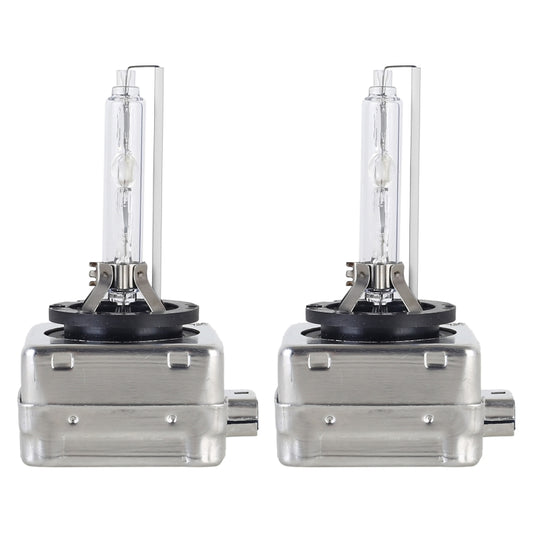 Pair of D8S HID xenon headlight bulbs with clear vertical glass tubes and metal base