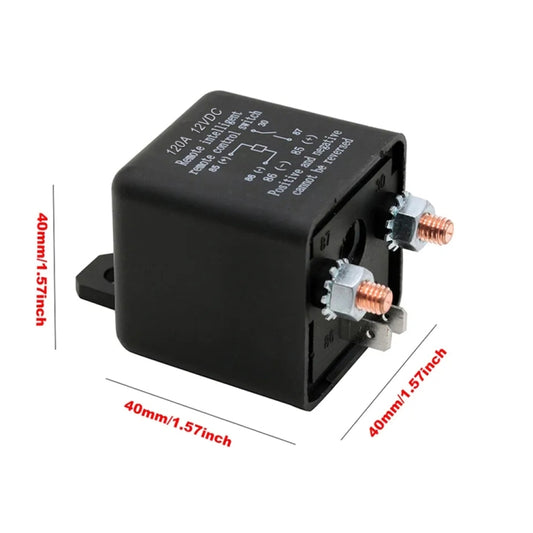 Black 12V remote battery isolator relay box with two side electrical terminals