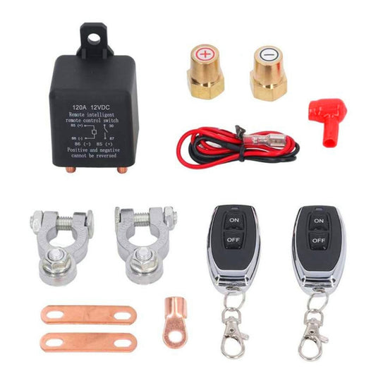 12V remote battery isolator kit with relay module, wiring, terminal clips and 2 key fobs