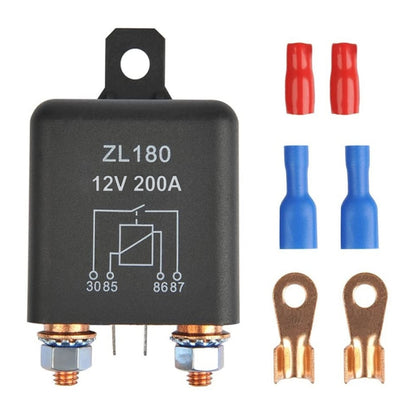 12V 200A car start relay with wiring terminals and insulated connector caps