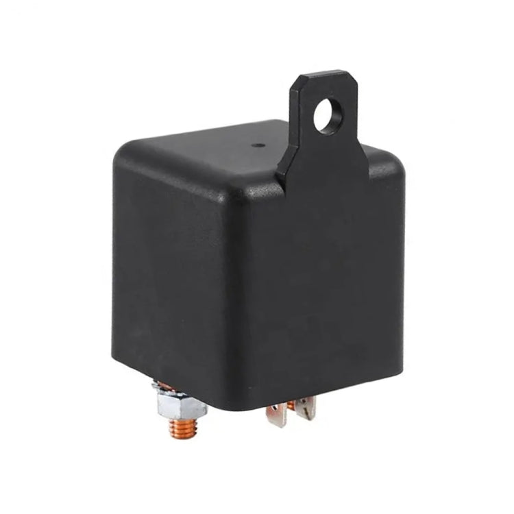 Black rectangular automotive relay with mounting tab and bottom metal terminal pins