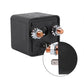 Black relay base with two metal terminals and a diagram label on the cover