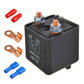 Relay unit showing two screw terminals, circuit printing, and included connector caps
