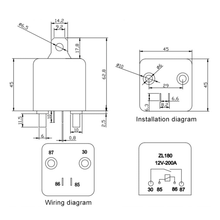 Relay wiring and installation diagram with ZL180 12V 200A layout measurements