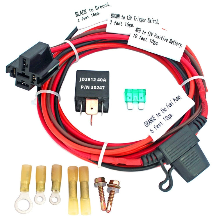 Fuel pump relay kit with red wiring harness, relay, and inline fuse holder