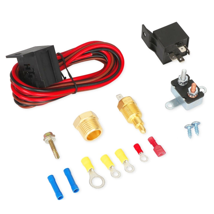 Electric cooling fan temperature sensor switch wire harness with black relay and red wires