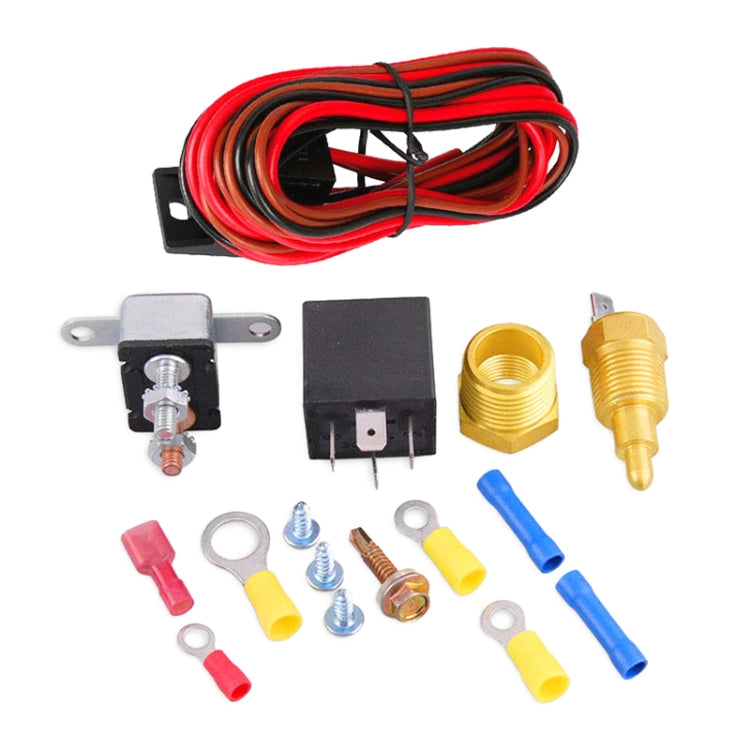 Cooling fan temperature sensor switch kit with relay, brass probes, and red wire harness
