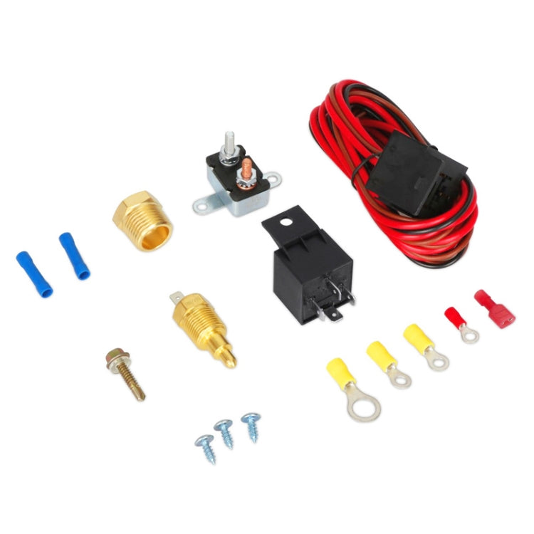 Temperature sensor switch assembly with red wire harness, brass fittings, and blade terminals