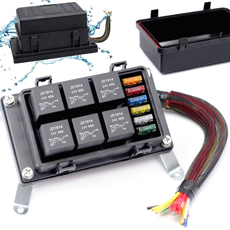Waterproof relay/fuse box with 6 slots, open cover showing relays and wiring terminals