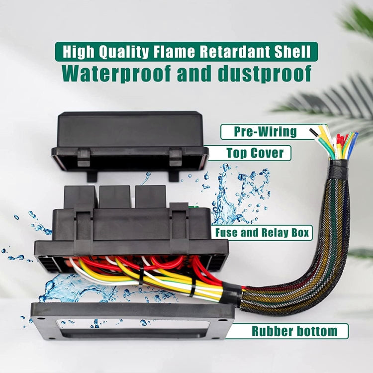 Waterproof relay box with open top cover, pre-wired harness with multicolor wires