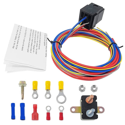Universal wiring relay kit with multi-color harness, connector, and mounting hardware