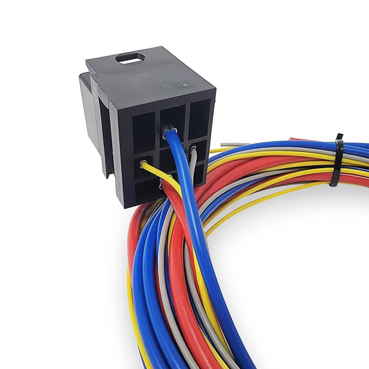 Black relay connector block with multi-color wiring bundle and cable tie