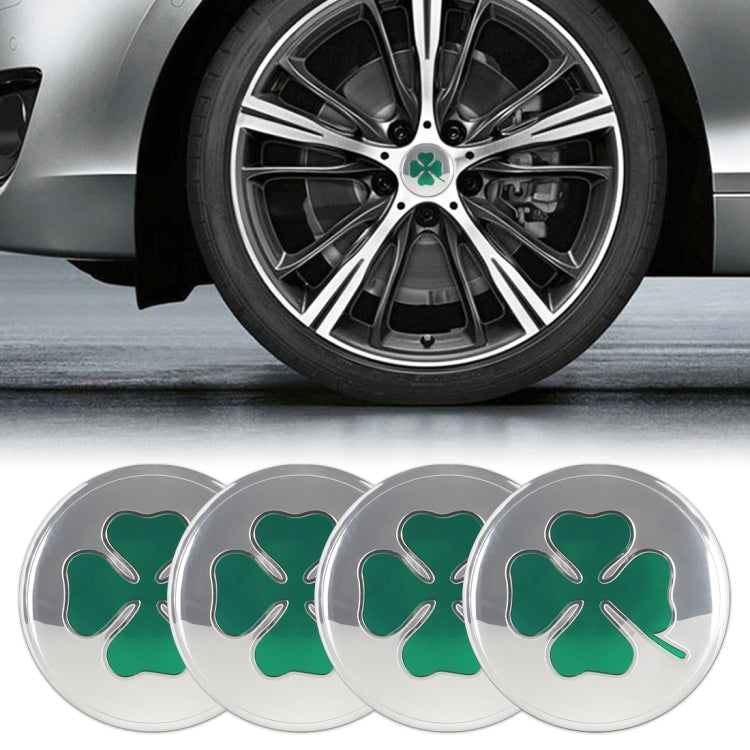 Car wheel hub clover decorative sticker set, four round silver pieces with green clover