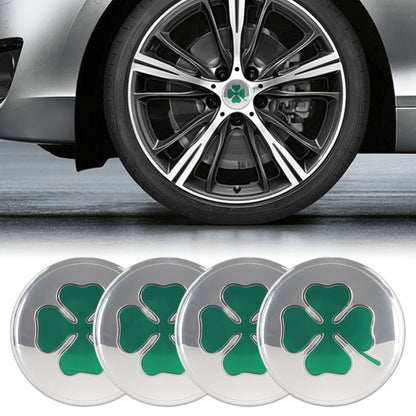 Car wheel hub clover decorative sticker set, four round silver pieces with green clover
