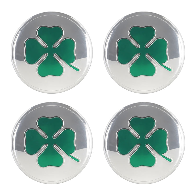 Set of 4 round car wheel hub stickers with green four-leaf clover in silver