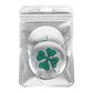 Car wheel hub sticker in package: round silver backing with green four-leaf clover