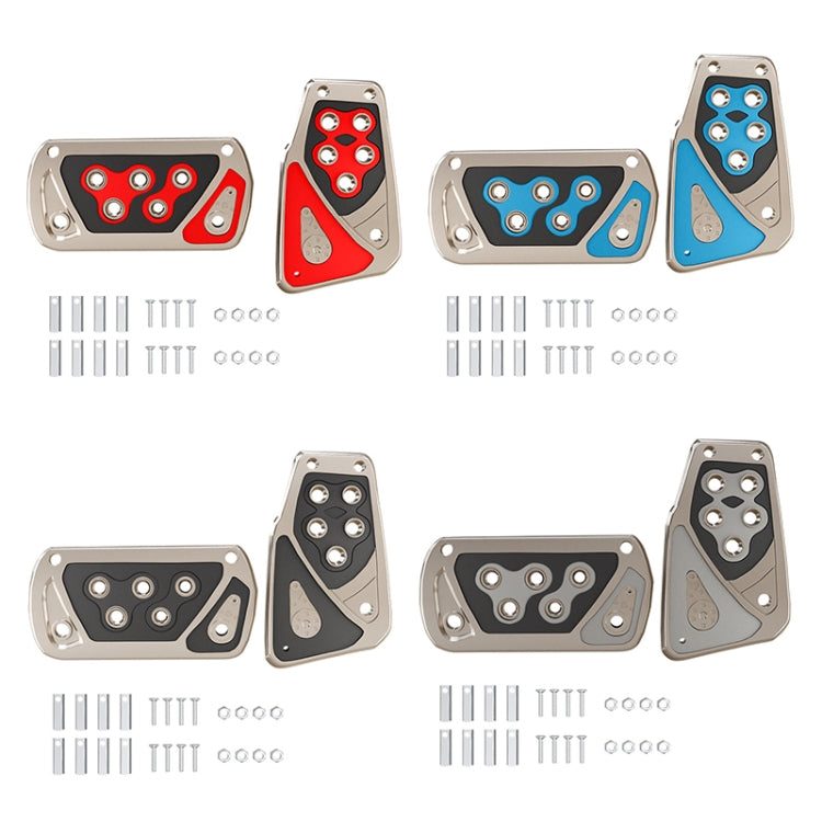 Car foot pedal covers set with red, blue, and black inserts and silver mounting holes