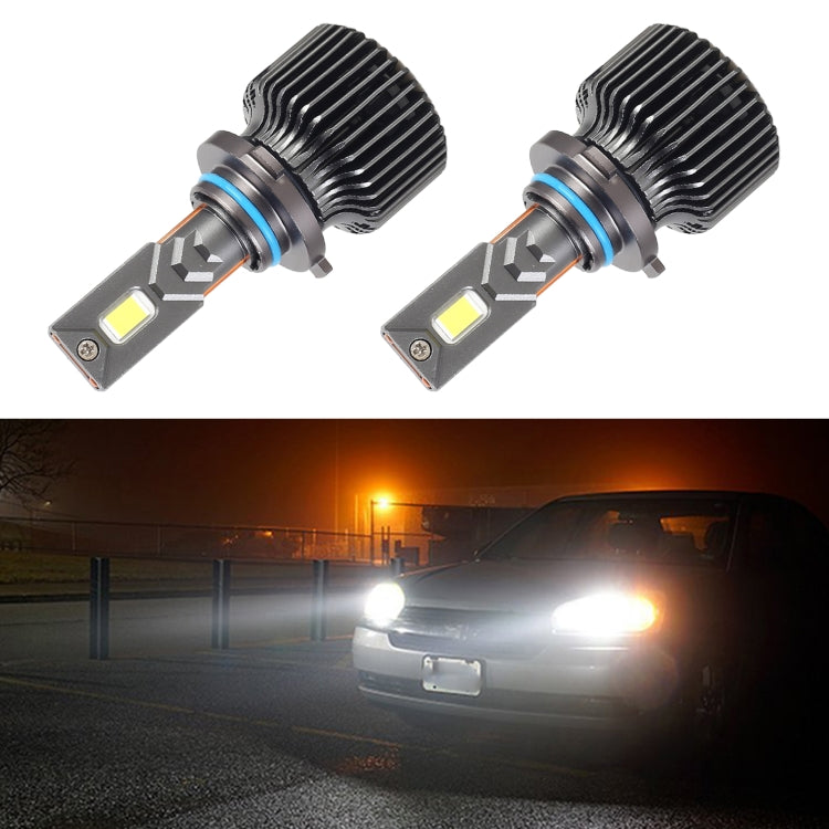 Car LED headlight bulbs pair with 9005-style base and ribbed heat sink