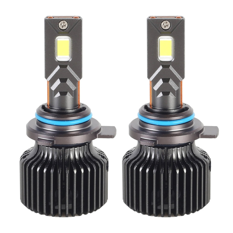 Pair of 9012 LED headlight bulbs with cooling fins and square yellow LED chips